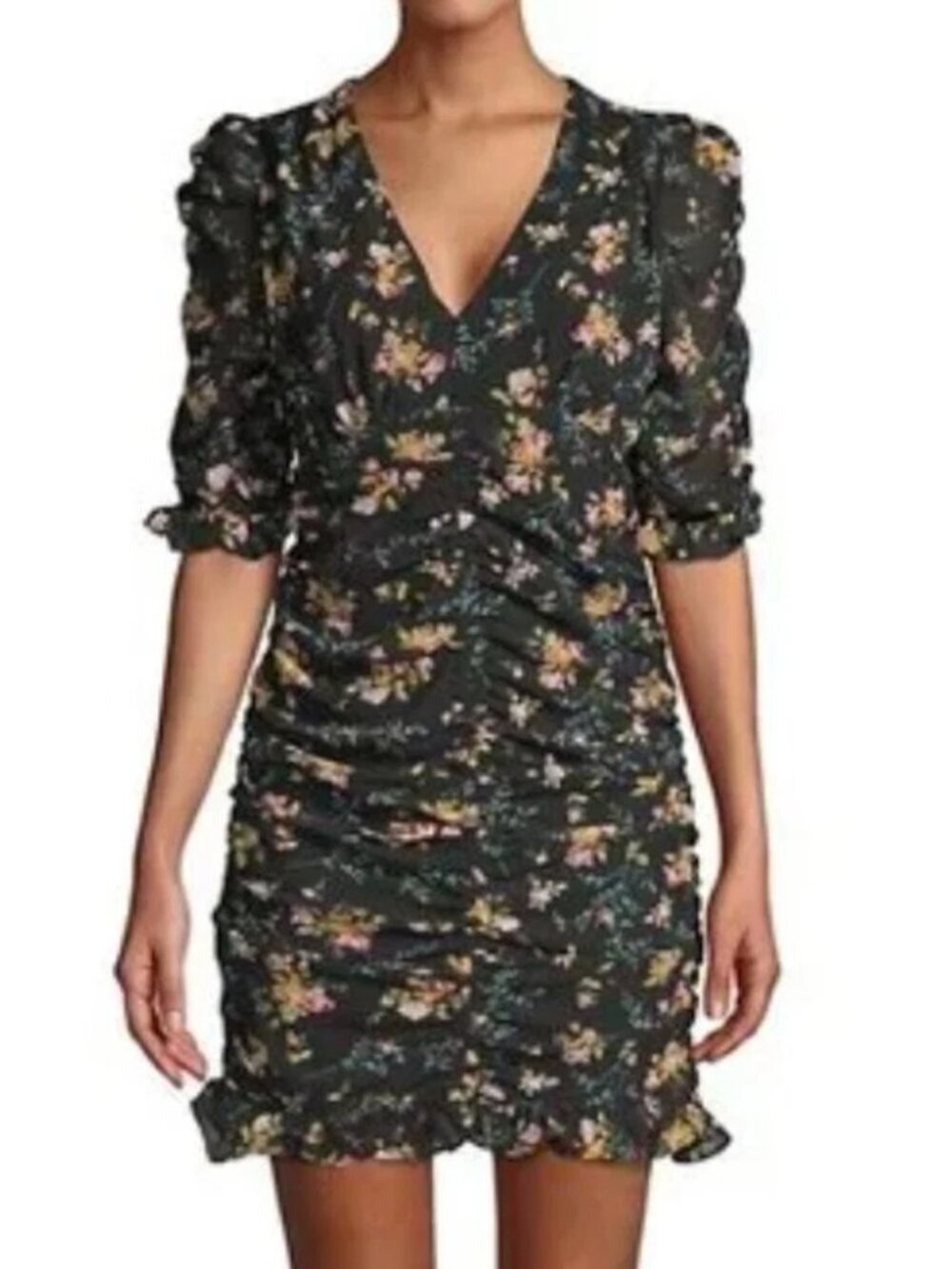 NEW NWT LEA VIOLA Shirred Floral Mini Dress Black Pink Multi Ruched Bodycon S